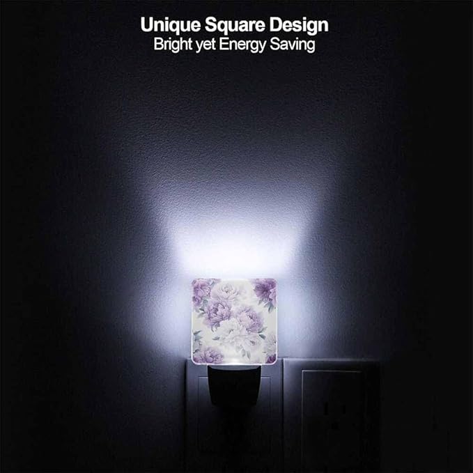 Purple Flowers Night Light Peonies in Full Bloom 0.5W Night Lights Auto LED Lamp Energy Saving Square Lights for Room Bedroom Bathroom