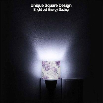Purple Flowers Night Light Peonies in Full Bloom 0.5W Night Lights Auto LED Lamp Energy Saving Square Lights for Room Bedroom Bathroom
