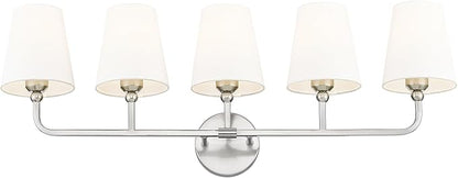Bathroom Light Fixtures, 5 Light Brushed Nickel Vanity Lights with Flared White Fabric Shade, 35 Inch Wall Sconce, Modern Sconces Wall Lighting for Hallway Bedroom, VL837-BN-5
