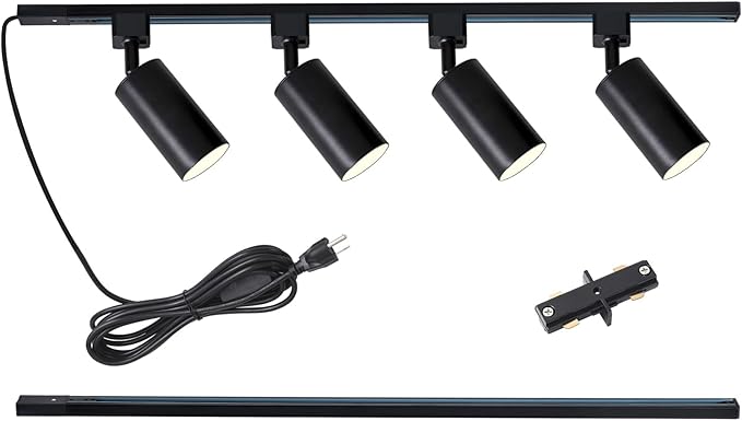 Plug in Track Lighting with Power Cord, 4-Light GU10 Track Lighting Kit with 3.3FT H Type Track Lighting Rails, Modern Kitchen LED Track Lighting Fixtures Ceiling Spot Light, Black (No Bulbs)