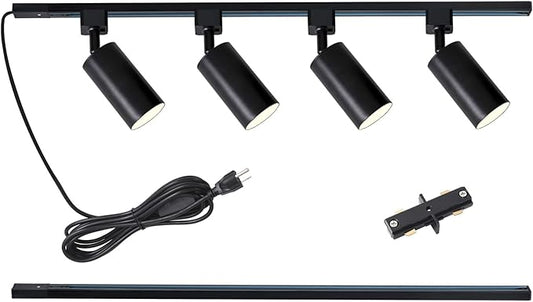 Plug in Track Lighting with Power Cord, 4-Light GU10 Track Lighting Kit with 3.3FT H Type Track Lighting Rails, Modern Kitchen LED Track Lighting Fixtures Ceiling Spot Light, Black (No Bulbs)