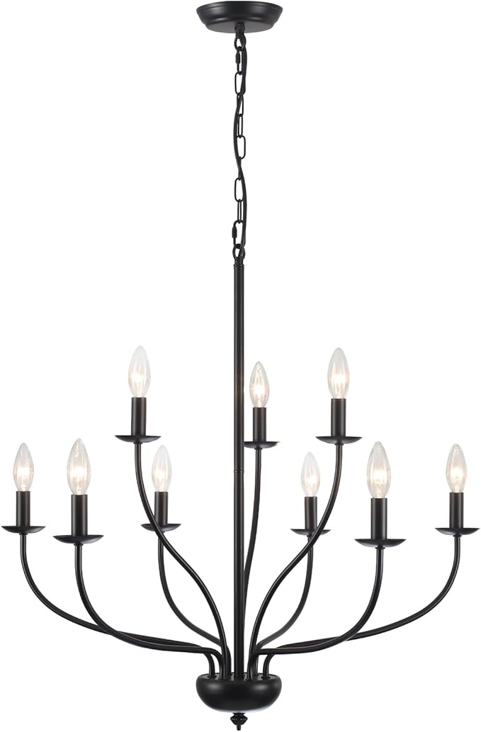 Black Farmhouse Chandelier 9-Light, 2-Tier Modern Candle Chandeliers for Dining Room Light Fixtures, Industrial Hanging Light French Country Chandelier for Bedroom Living Room Foyer Entryway