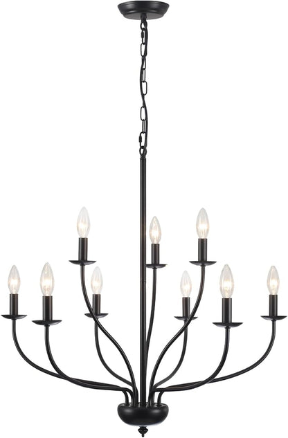 Black Farmhouse Chandelier 9-Light, 2-Tier Modern Candle Chandeliers for Dining Room Light Fixtures, Industrial Hanging Light French Country Chandelier for Bedroom Living Room Foyer Entryway