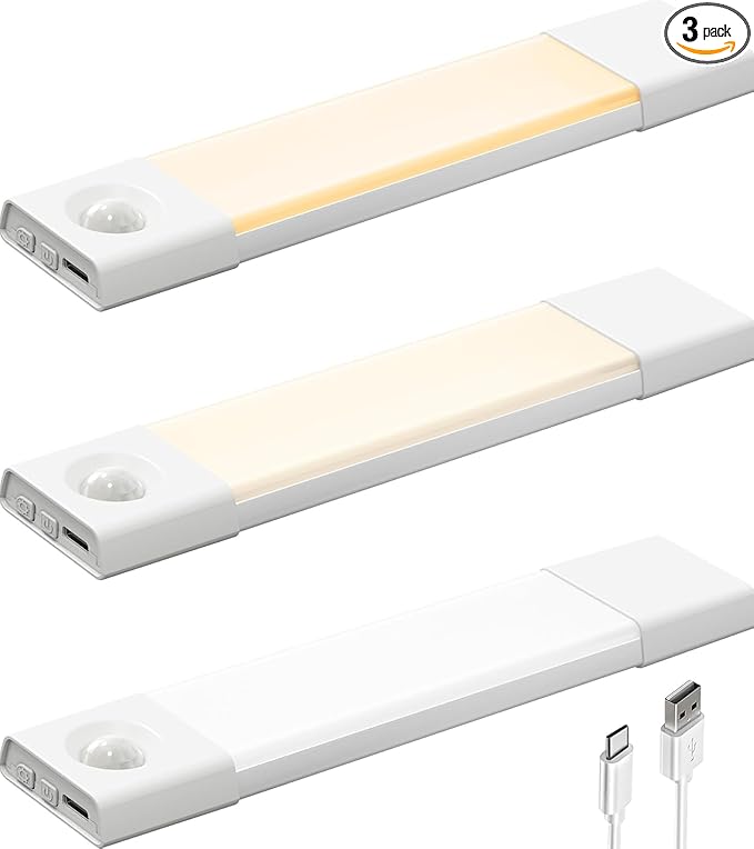 EZVALO 3 Pack 8” Motion Sensor Light Indoor Rechargeable, Stick on Under Cabinet Lighting Wireless, 30 LEDs Closet Light, Dimmable, 3 Color Temps, Counter Lights for Wardrobe, Pantry, Bedroom, Stair