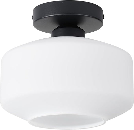 TeHenoo Milk White Glass Ceiling Light Fixture,8.6 inch, Matte Black Base,Modern Semi Flush Mount Light for Hallway, Entryway,Kitchen