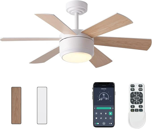 SHOWDI Ceiling Fan with Lights and Remote, 6 Blade App Control Timer Reversible Stepless Brightness and Color Temperature Outdoor Wood Ceiling Fan with Lights (White, 42 Inch)