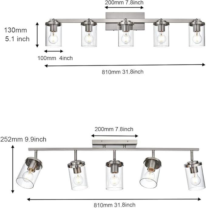 BONLICHT Modern 5-Light Track Lighting Fixture Flush Mount Brushed Nickel Wall Mount Track Lights Kit Industrial Kitchen Ceiling Spot Light Indoor Bathroom Fixture Vanity Lights with Clear Glass Shade