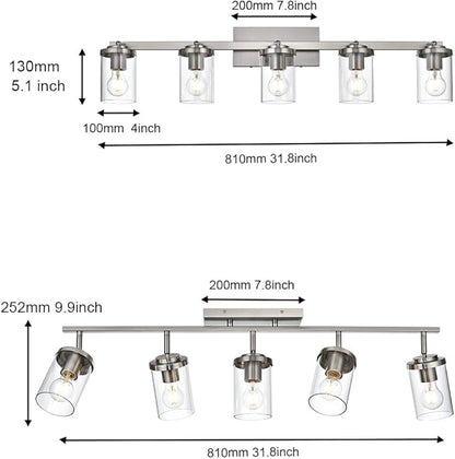 BONLICHT Modern 5-Light Track Lighting Fixture Flush Mount Brushed Nickel Wall Mount Track Lights Kit Industrial Kitchen Ceiling Spot Light Indoor Bathroom Fixture Vanity Lights with Clear Glass Shade