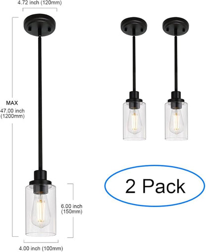 MELUCEE 2-Pack Pendant Light Black Adjustable Hanging Light Fixtures Ceiling with Clear Glass Shade, Set of Two Mini Pendant Lighting for Kitchen Island Hallway Porch Corridor
