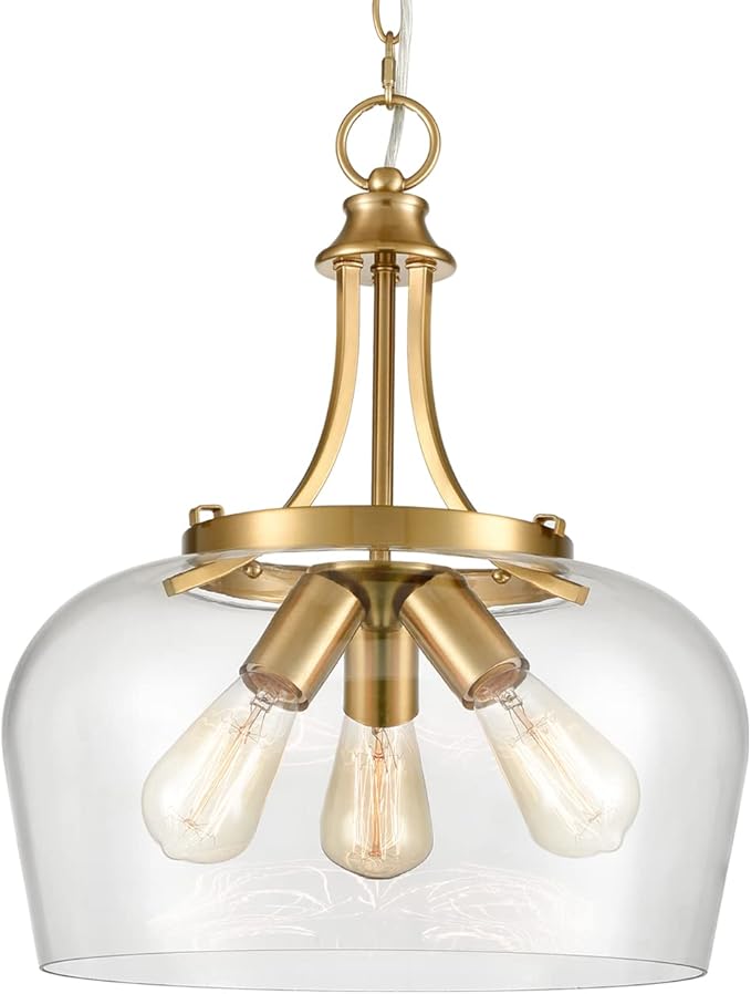 Modern 3-Light Gold Pendant Light with Clear Glass Shade, Mid Century 15-Inch Pendant Lighting Adjustable Height Hardwired Brass Glass Chandelier for Kitchen Island Dining Room