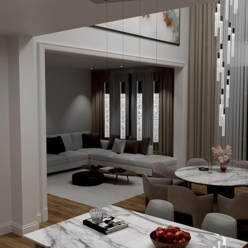 Bubble Crystal Column Chandelier, 4-Light Rectangular Black Crystal Chandelier, Dimmable Adjustable Height Luxury Pendant Light for Kitchen Island, Dining Room, Living Room