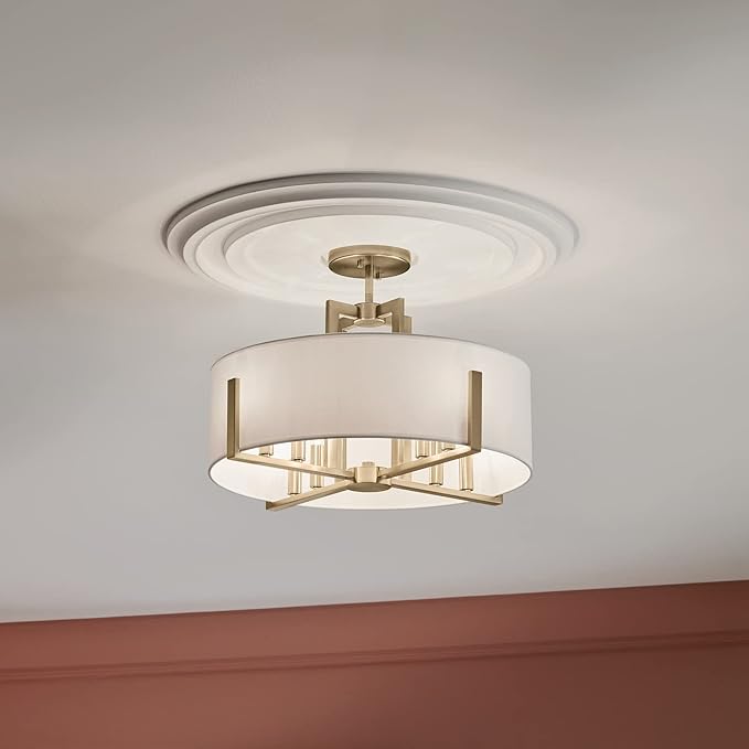 Kichler Malen Convertible Semi-Flush Mount 8-Light 20" Ceiling Light Fixture with White Fabric Shade in Champagne Bronze for Dining Room, Living Room, or Bedroom, 52592CPZ