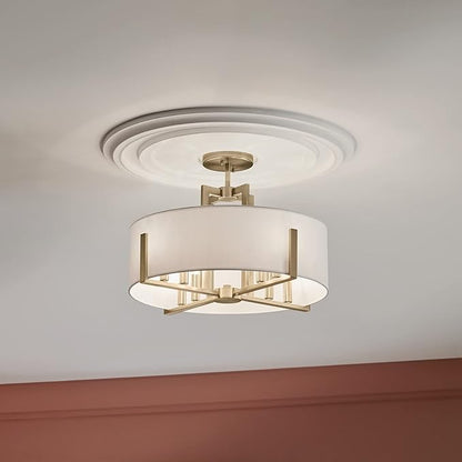 Kichler Malen Convertible Semi-Flush Mount 8-Light 20" Ceiling Light Fixture with White Fabric Shade in Champagne Bronze for Dining Room, Living Room, or Bedroom, 52592CPZ