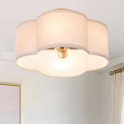 VILUXY Modern Flush Mount Ceiling Light Fixture Farmhouse White Fabric Semi Ceiling Lamps with Gold 4 Lights Drum Shade for Bedroom Dining Room Entryway Hallway Nursery