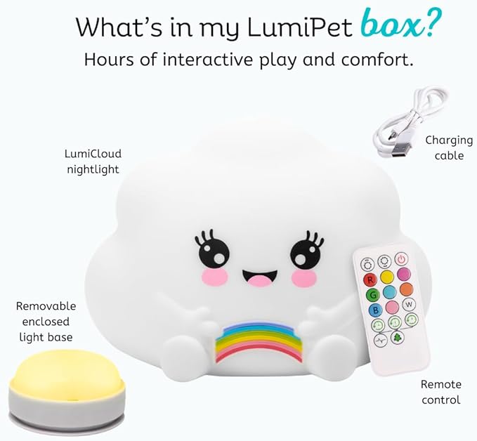 Lumipets Cloud Squishy Night Light for Kids | Soft Silicone Bedside Mood Lamp with Remote & Tap Control | Rechargeable Color Changing Night Light for Boys & Girls | Portable Nightlight with USB Cord