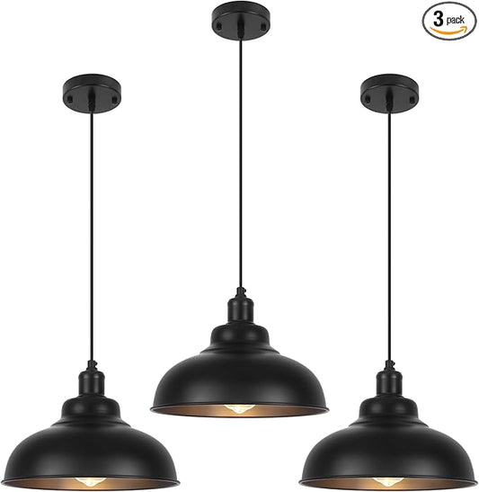 Black Dome Pendant Light 3 Pack, Farmhouse Pendant Lights Kitchen Island, 11.4’’ Industrial Metal Pendant Light Fixtures, Pendant Lighting for Dining Room Hallway Bar, Adjustable Height