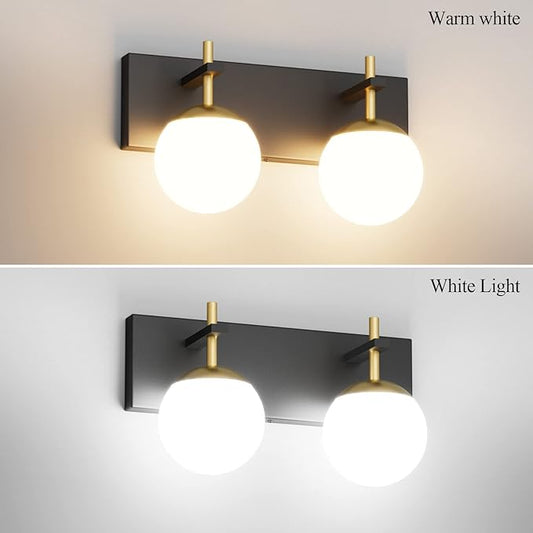 Ralbay 2-Light Black and Gold Vanity Lights Mid Century Modern Bathroom Wall Lighting Milky Glass Globe Black Gold Vanity Light for Bathroom