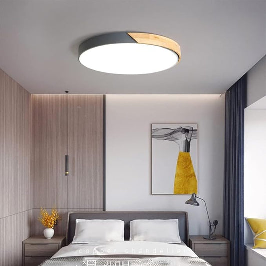LED Ceiling Light Fixture,24 Inch Modern Wood Recessed Ceiling Lights,Dimmable Light,54W Grey Close to Ceiling Lighting Flush Mount Living Room Bedroom,3000K-6000K