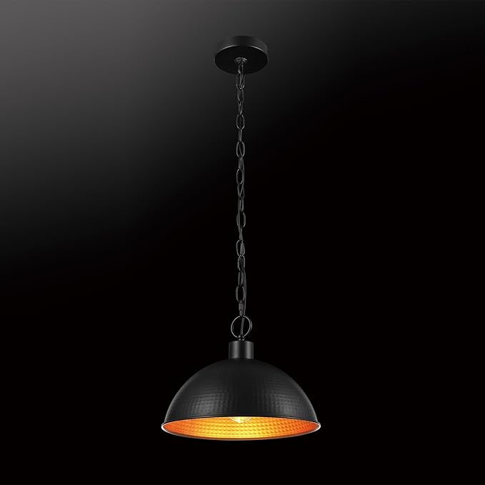 GLOBE Electric 67000100 1-Light Pendant Light Fixture, Weathered Black Finish, Hammered Metal Shade, Gold Interior, Living Room Pendant Light, Dining Room Fixture, Hanging Lights for Bedroom