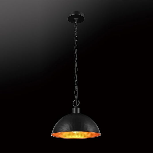 GLOBE Electric 67000100 1-Light Pendant Light Fixture, Weathered Black Finish, Hammered Metal Shade, Gold Interior, Living Room Pendant Light, Dining Room Fixture, Hanging Lights for Bedroom