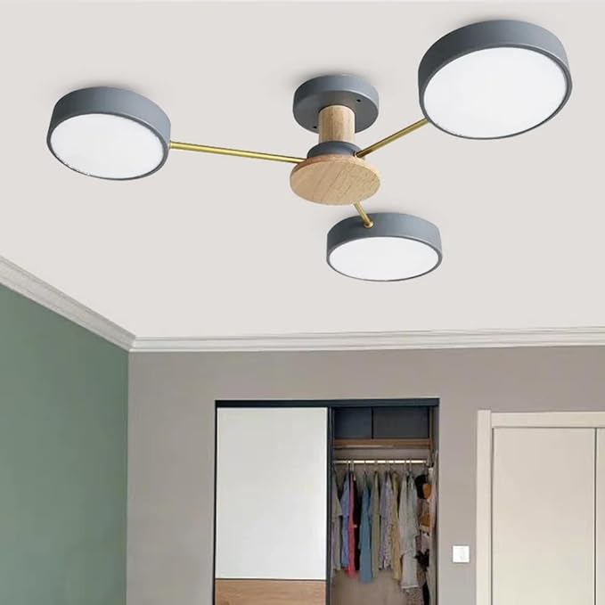 3-Lights LED Ceiling Light Fixture,26 Inch Modern Ceiling Lights Flush Mount Wooden 24W Dimmable Chandelier for Living Room Bedroom Kitchen,3000K/4000K/6000K Grey
