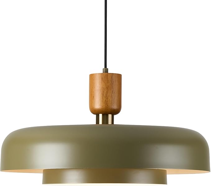 Mid Century Pendant Light 19.68" - Natural Wood Brass Accent, 2-Layer Deep Green Shade for Dining Room Kitchen