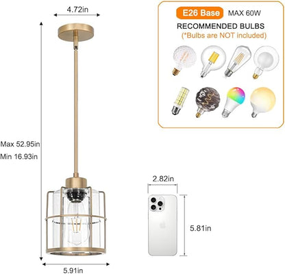 Modern Brass Pendant Light Kitchen Island Set of 2, Farmhouse Gold Pendant Light with Clear Cylinder Glass, Adjustable Rod Bathroom Pandand Light over Sink, Small Hanging Lighting for Home Decor, E26