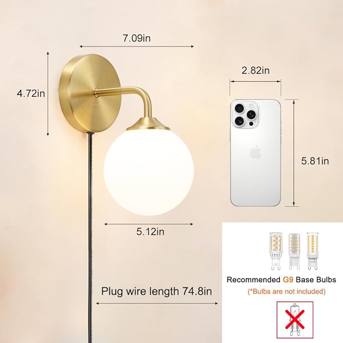 Gold Plug in Wall Sconce Set of 2, Wall Light Fixture with Plug in Cord On/Off Switch, Mid Century Art Deco Wall Lighting Fixture with Milky White Globe Glass Lampshade for Bedroom Living Room Hallway