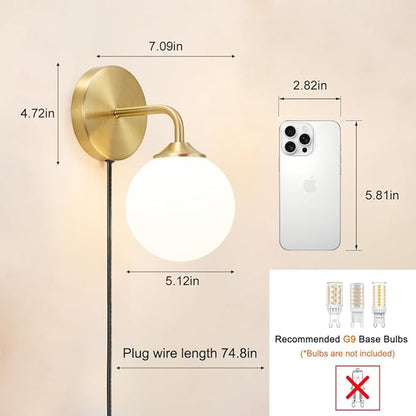 Gold Plug in Wall Sconce Set of 2, Wall Light Fixture with Plug in Cord On/Off Switch, Mid Century Art Deco Wall Lighting Fixture with Milky White Globe Glass Lampshade for Bedroom Living Room Hallway