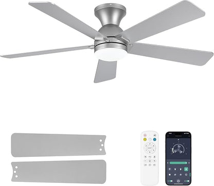 Ceiling Fans with Lights and Remote, 48 Inch Ceiling Fan with Light, Low Profile, Reversible, Dimmable LED, Flush Mount, Quiet, DC Motor, Nickel Ceiling Fan for Bedroom, Kitchen, Dining Room