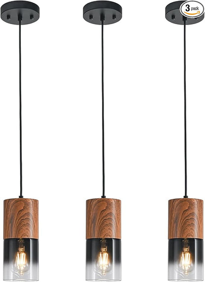 3-Pack Modern Pendant Lights for Kitchen Island, Adjustable Black Pendant Light Fixtures with Brown Wood Grain, Industrial Glass Pendant Lights for Dining Table Hallway Bedroom Living Room