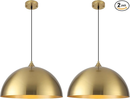 Gold Pendant Lights Kitchen Island, 16 Inch Large Pendant Light, Gold Dome Pendant Light, Industrial Farmhouse Pendant Lights for Kitchen Island, Dining Room, Cafe, Bar, 2 Pcs