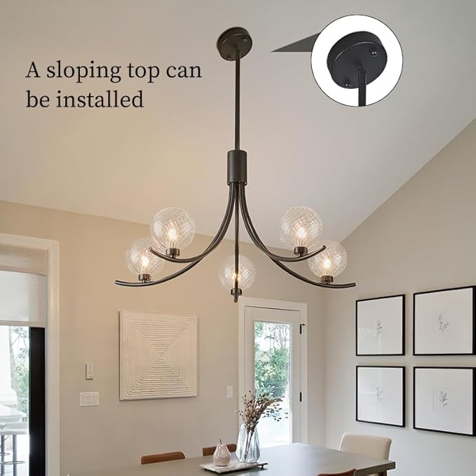 5-Head Black Modern Chandelier with 5 Clear Glass Globe Bulbs, Globe Chandelier, Elegant Lamps with Black Accents, Ceiling Light for Living Room Kitchen Island Bedroom Entryway