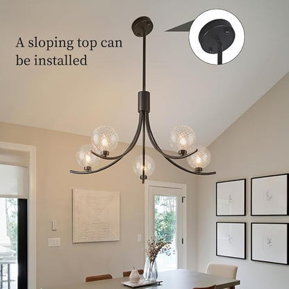 5-Head Black Modern Chandelier with 5 Clear Glass Globe Bulbs, Globe Chandelier, Elegant Lamps with Black Accents, Ceiling Light for Living Room Kitchen Island Bedroom Entryway