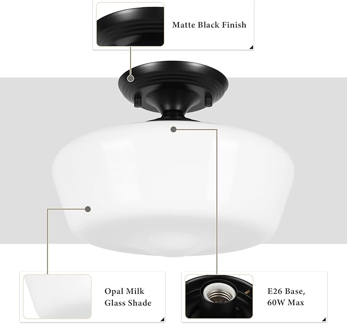Schoolhouse Style Semi Flush Mount Ceiling Light with Dimmable Bulb Remote Control, 12" Modern Gold Hallway Ceiling Lamp with Opal Milk Glass Shade, Farmhouse Globe Light for Bedroom Kitchen Laundry