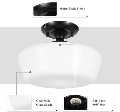Schoolhouse Style Semi Flush Mount Ceiling Light with Dimmable Bulb Remote Control, 12" Modern Gold Hallway Ceiling Lamp with Opal Milk Glass Shade, Farmhouse Globe Light for Bedroom Kitchen Laundry