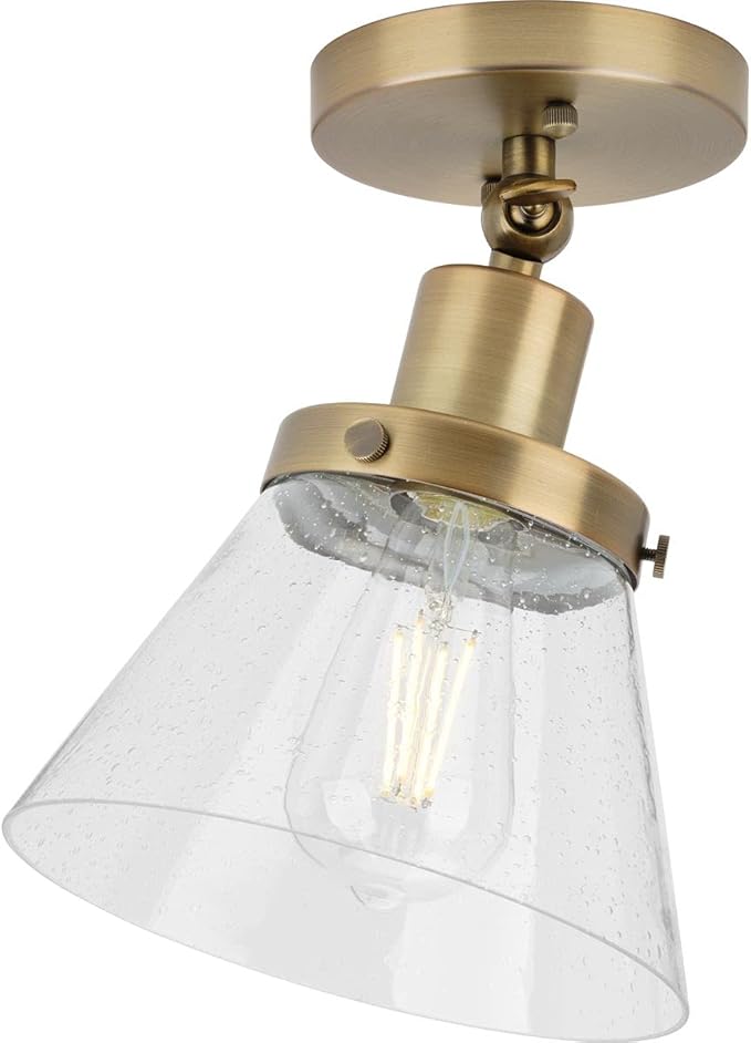Progress Lighting Hinton Collection 1-Light Seeded Glass Vintage Brass Industrial Flush Mount Ceiling Light