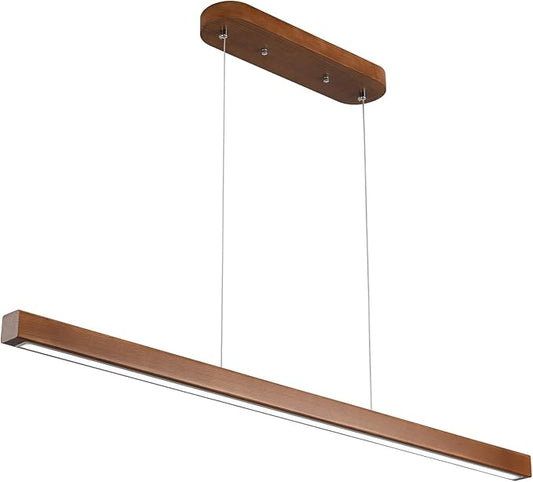 71" Walnut Wood Linear Pendant Light Dimmable LED Chandelier 40w Remote Adjustable Hanging Height Modern Farmhouse Minimalist Fixture for Kitchen Island Dining Room & Bar