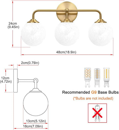Modern Brushed Gold 3-Lights Vanity Light Fixtures with Carved White Glass Ball Shades, Mid Century Brass Wall Sconce Lighting Fixtures over Mirror, Wall Sconces for Bathroom Dressing Table Bedroom