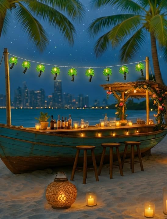8.5Ft Palm Tree Lights Outdoor, Patio Lights String with 10 LED Summer Beach Themed Lights for Indoor Bedroom Tiki Party Decor, White Wire