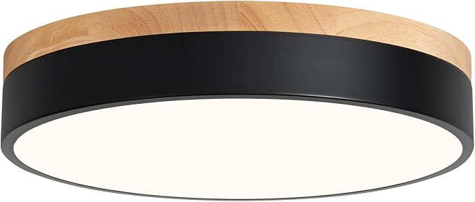 WOKNOS Dimmable Wood Flush Mount Ceiling Light Modern Black LED Ceiling Light Fixture 2700K-6000K Minimalist Round Close to Ceiling Light for Bathroom Hallway Bedroom Entryway Kitchen, 11.81"