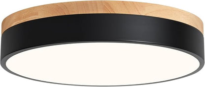 WOKNOS Dimmable Wood Flush Mount Ceiling Light Modern Black LED Ceiling Light Fixture 2700K-6000K Minimalist Round Close to Ceiling Light for Bathroom Hallway Bedroom Entryway Kitchen, 11.81"