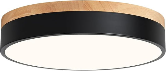 WOKNOS Dimmable Wood Flush Mount Ceiling Light Modern Black LED Ceiling Light Fixture 2700K-6000K Minimalist Round Close to Ceiling Light for Bathroom Hallway Bedroom Entryway Kitchen, 11.81"