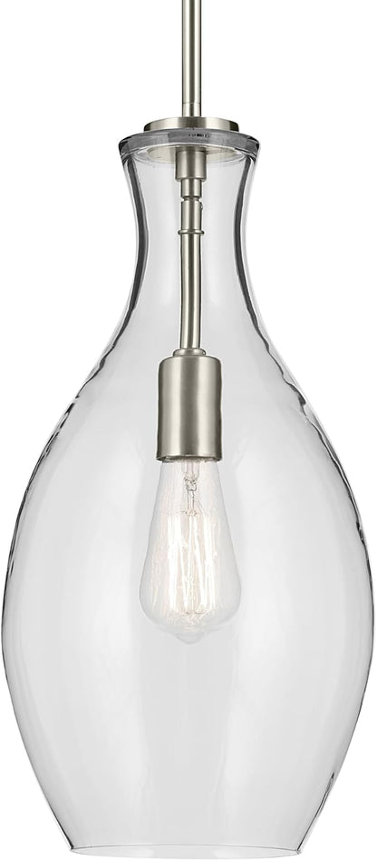 Kichler Everly 1-Light Bell Pendant Light Fixture with Clear Seeded Glass in Brushed Nickel for Kitchen Island, Dining Room, or Home Bar (17.75" x 8.75"), 42047NICS