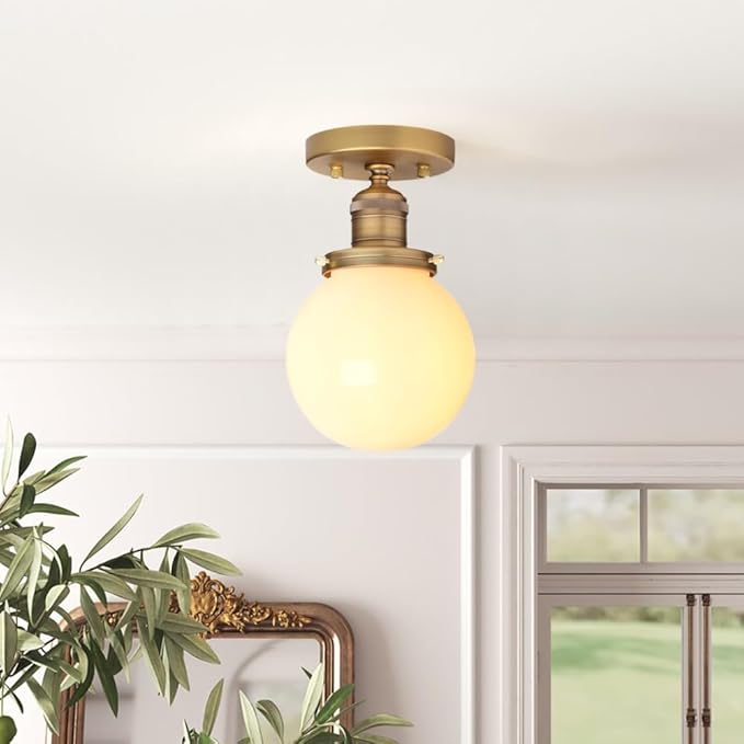 Yosoan 1-Light Modern Hallway Ceiling Light Fixture with Milk Round Glass, Indoor Hardwired Vintage Indoor Flush Mount Lighting with Matte Globe Shade Lamp for Kitchen Bathroom Porch Entryway(Antique)