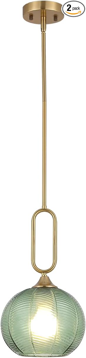 Green Glass Pendant Light Modern Globe Pendant Lighting Nordic Ribbed Gold Ceiling Hanging Chandelier with Brushed Brass Adjustable Rods Dining Room Kitchen Island Light Fixture