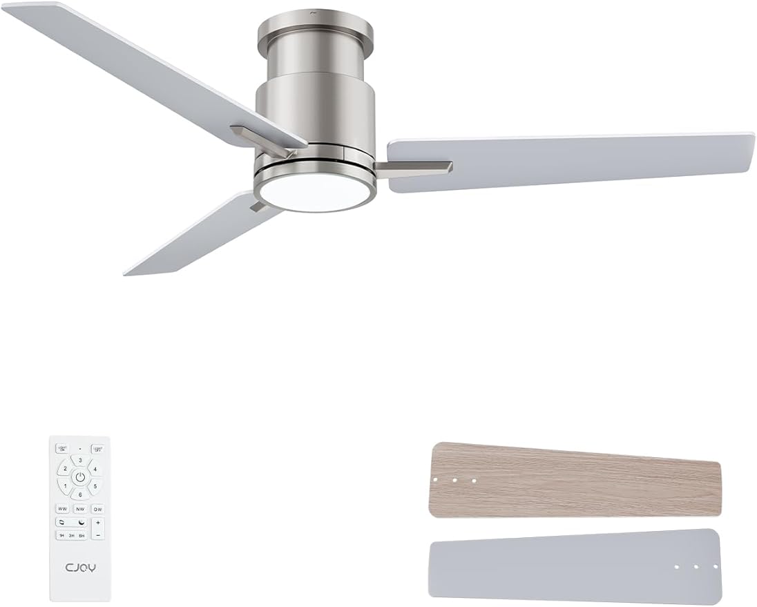 CJOY 52" Low Profile Ceiling Fan with Light and Remote, Brushed Nickel Ceiling Fans, 6 Speed Reversible DC Motor, 3CCT Dimmable LED- Flush Mount Design for Bedroom, Living Room & Covered Outdoor