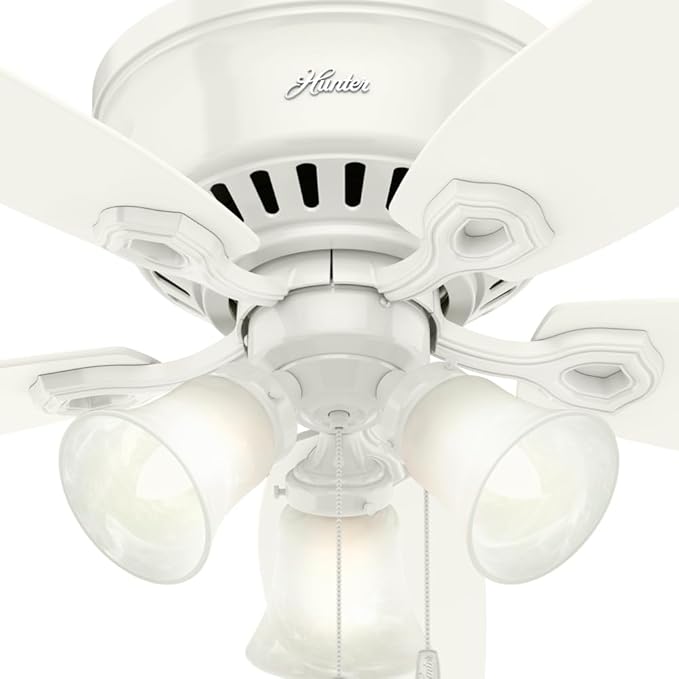 Hunter 52 inch Indoor Ceiling Fan with LED Lights - White Ceiling Fan with Pull Chain, For Bedroom, Living Room, or Kitchen, Low Profile Flush Mount, No Remote, 5 Blades - Builder 53326, Snow White