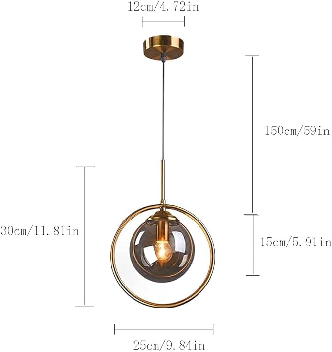 Pendant Light Modern Minimalist Hanging Lamp with Spherical Glass Shade and Brass Metal Ring Adjustable Height for Dining Room Bedroom Living Room (Smoke Grey)