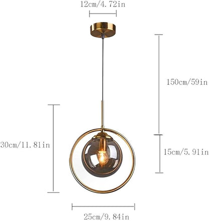 Pendant Light Modern Minimalist Hanging Lamp with Spherical Glass Shade and Brass Metal Ring Adjustable Height for Dining Room Bedroom Living Room (Smoke Grey)